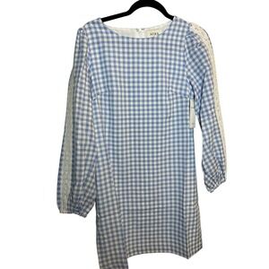 Aura Size Small blue Gingham Dress Boho Cottage Long Sleeve Shift Dress
